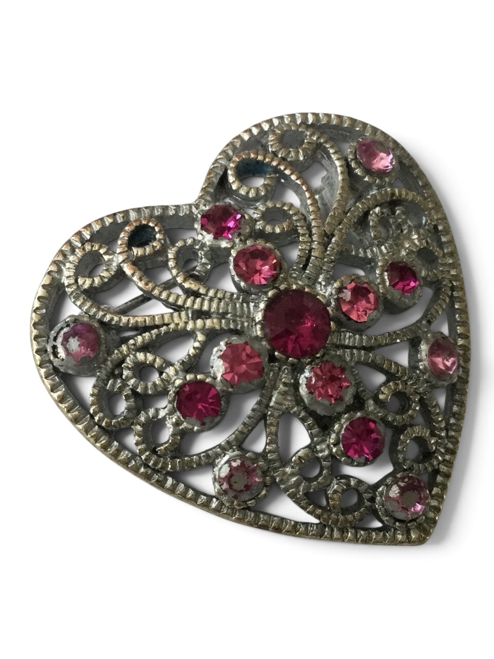 Vintage 1928 Brand Silver-Tone Heart Filigree Brooch with Pink Rhinestones - Picture 4 of 10